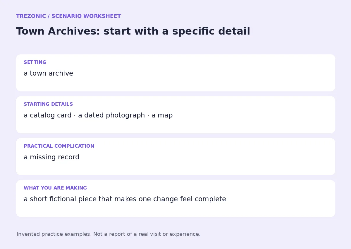 Practice worksheet for Town Archives: setting, starting details, complication and goal