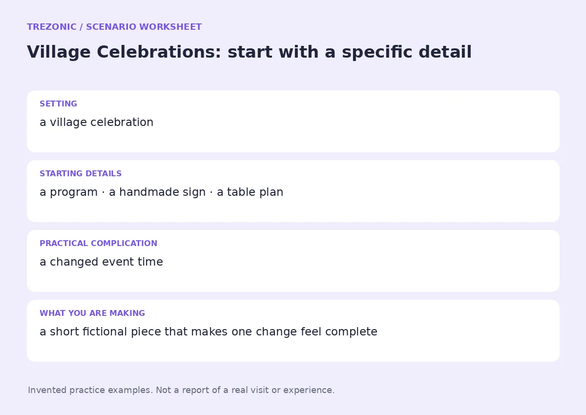 Practice worksheet for Village Celebrations: setting, starting details, complication and goal