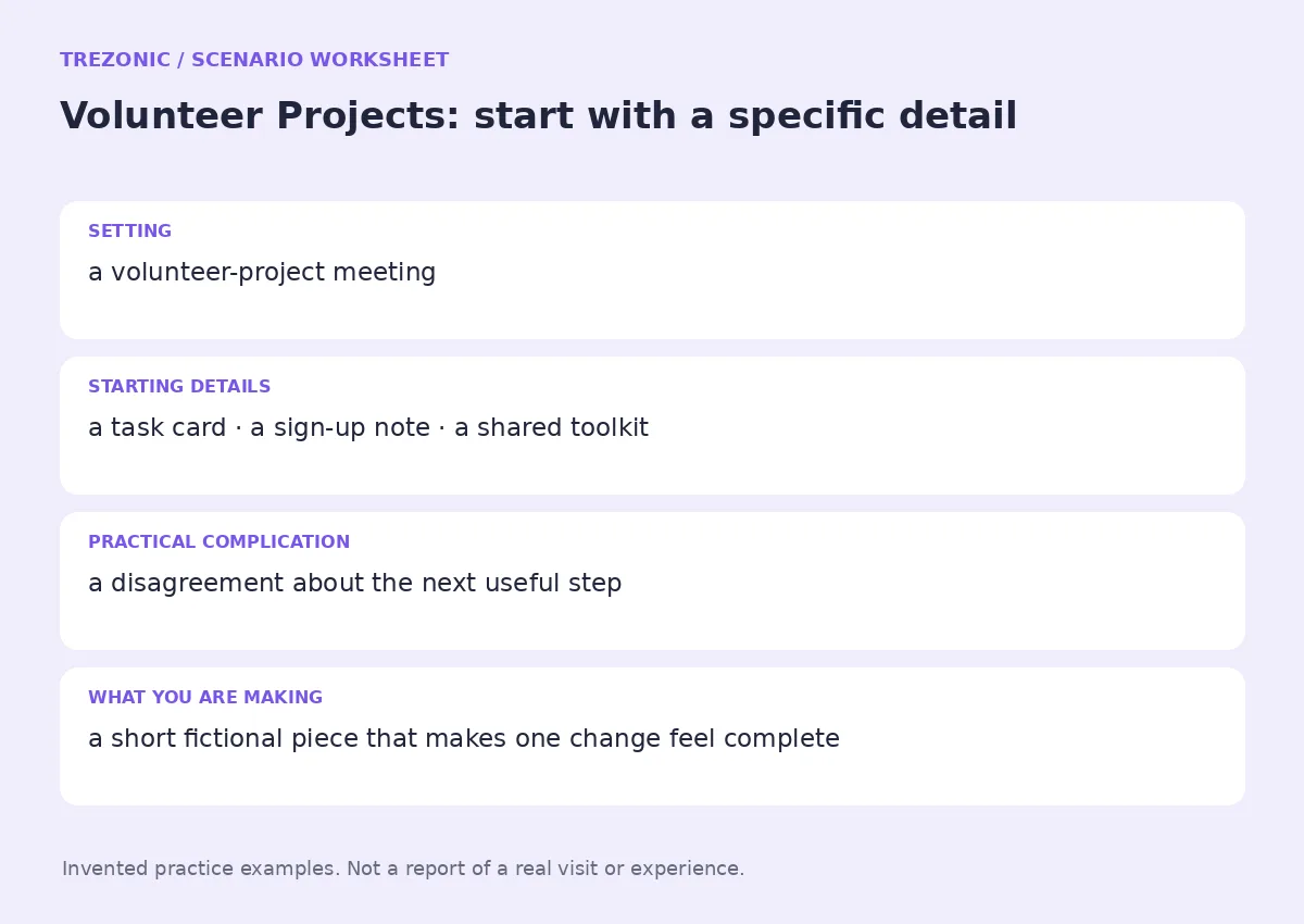 Practice worksheet for Volunteer Projects: setting, starting details, complication and goal