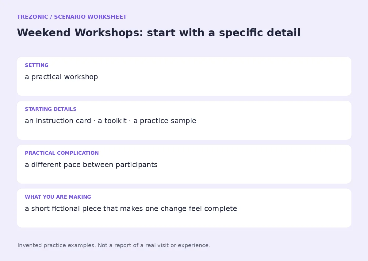 Practice worksheet for Weekend Workshops: setting, starting details, complication and goal