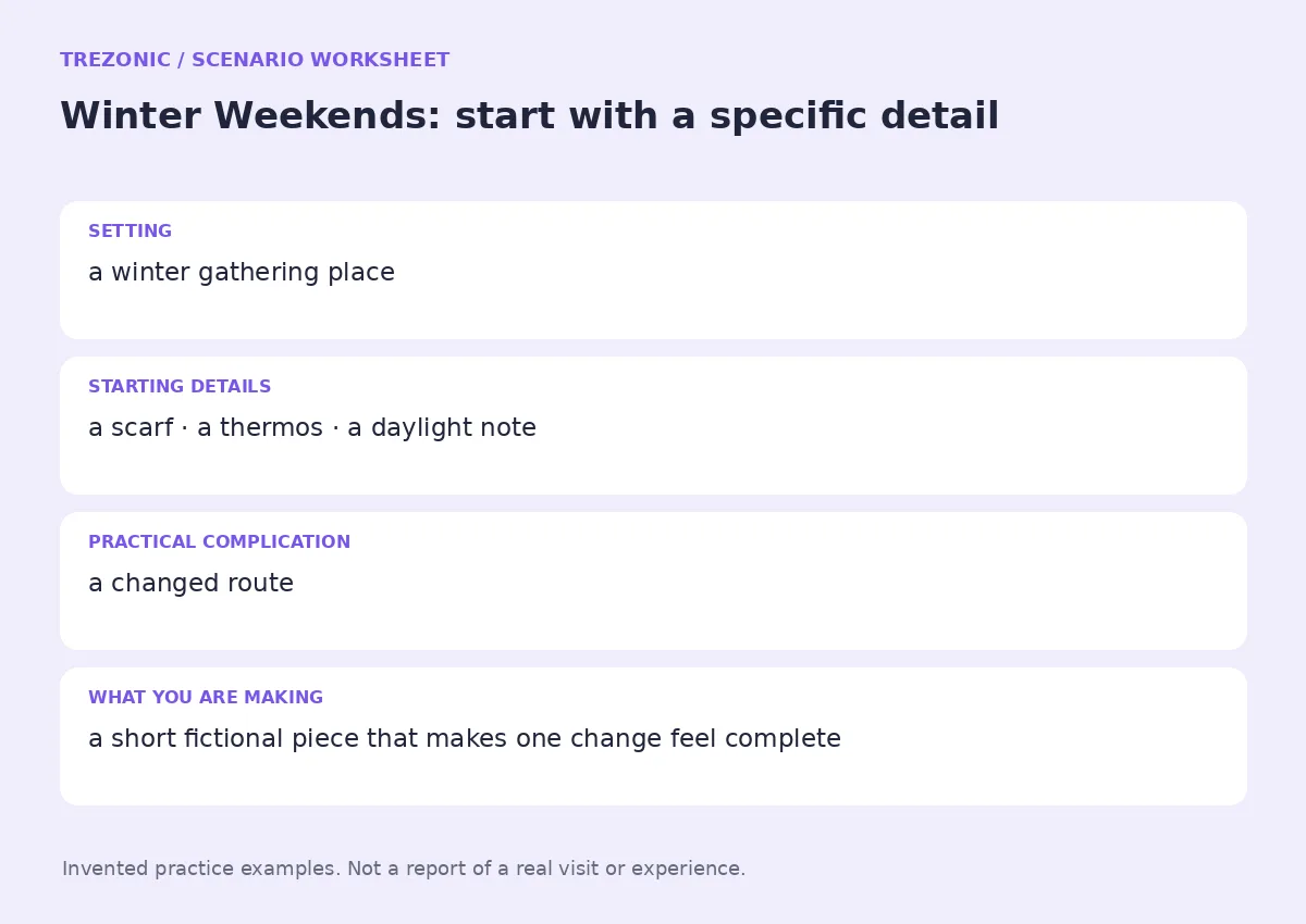 Practice worksheet for Winter Weekends: setting, starting details, complication and goal