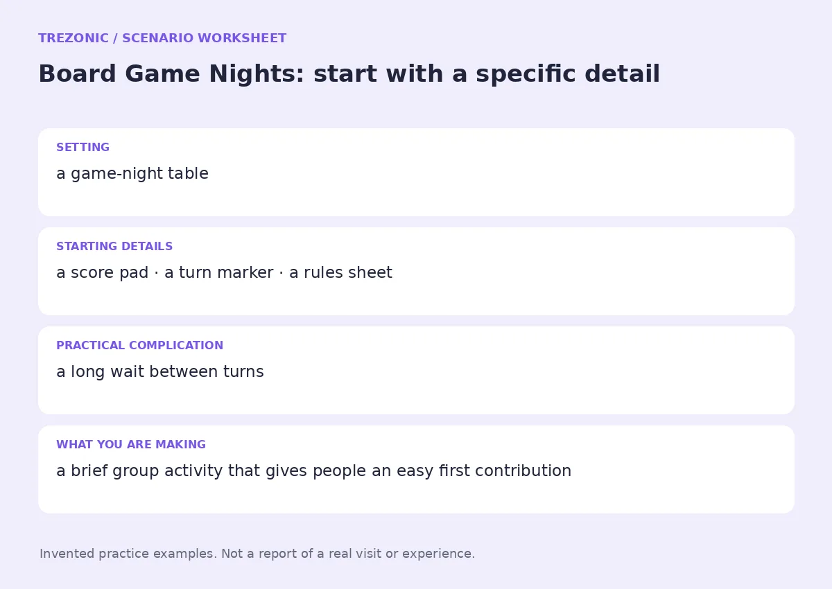 Practice worksheet for Board Game Nights: setting, starting details, complication and goal