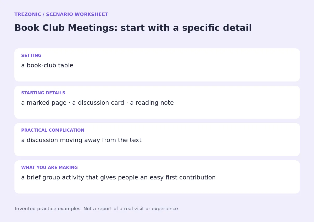 Practice worksheet for Book Club Meetings: setting, starting details, complication and goal