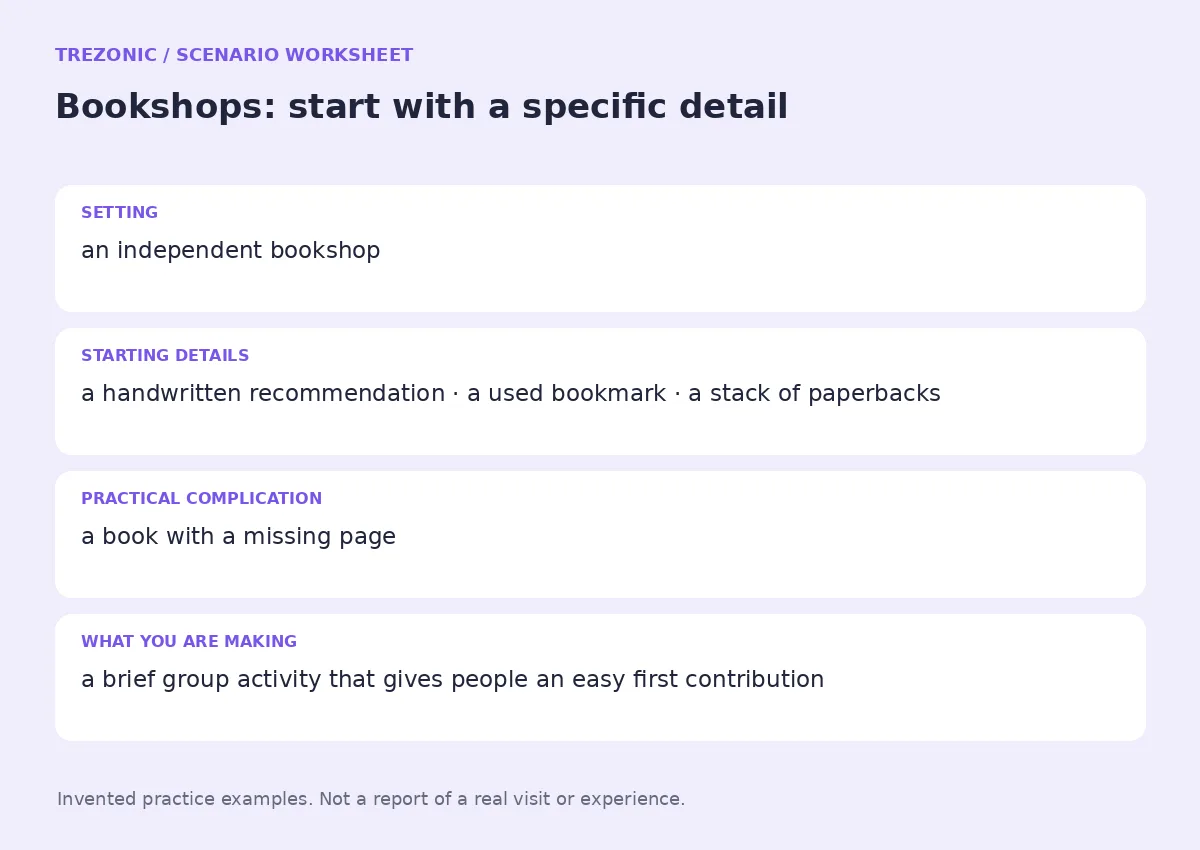 Practice worksheet for Bookshops: setting, starting details, complication and goal