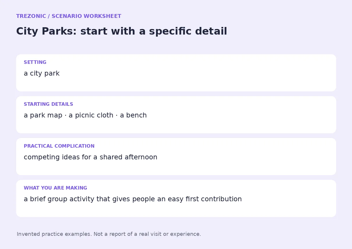 Practice worksheet for City Parks: setting, starting details, complication and goal