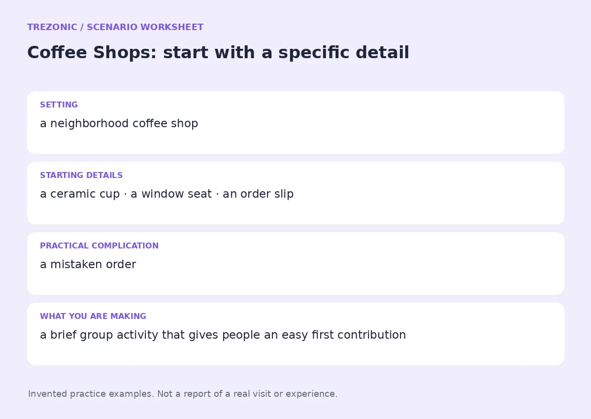 Practice worksheet for Coffee Shops: setting, starting details, complication and goal