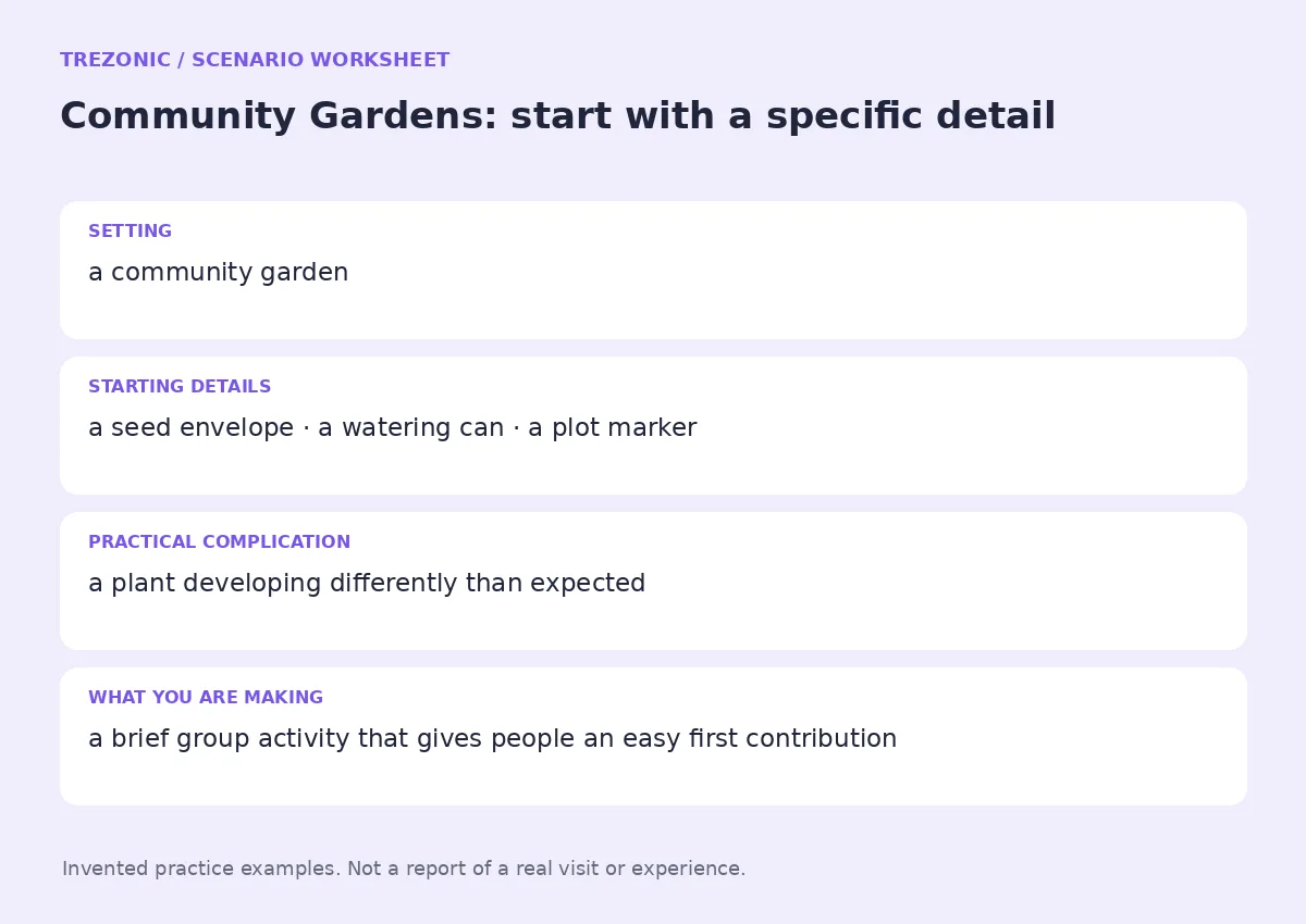 Practice worksheet for Community Gardens: setting, starting details, complication and goal