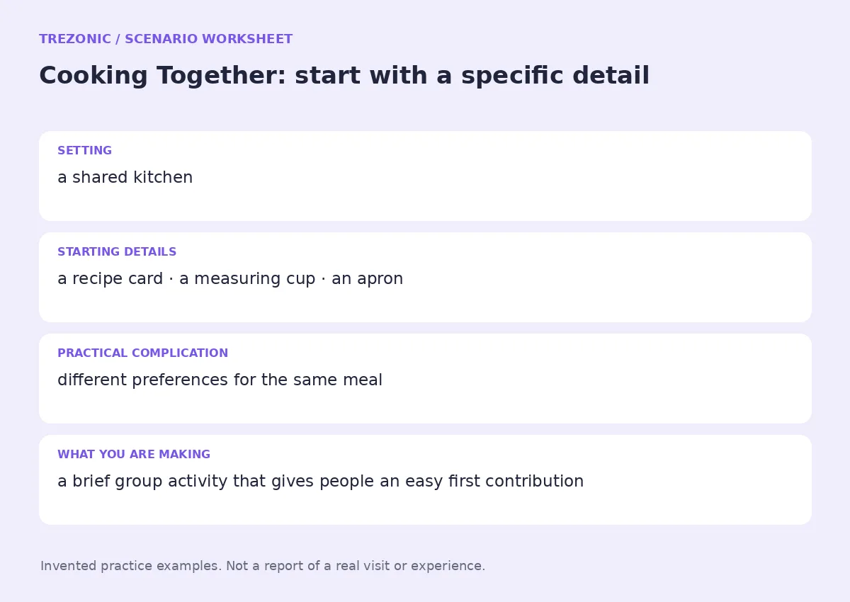 Practice worksheet for Cooking Together: setting, starting details, complication and goal