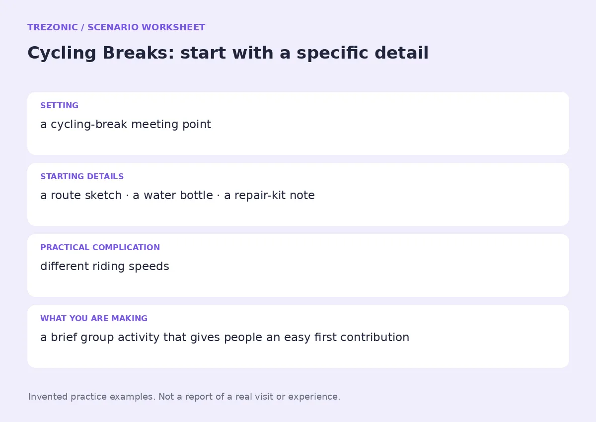 Practice worksheet for Cycling Breaks: setting, starting details, complication and goal