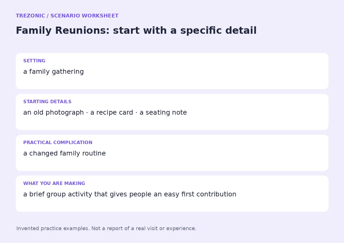 Practice worksheet for Family Reunions: setting, starting details, complication and goal