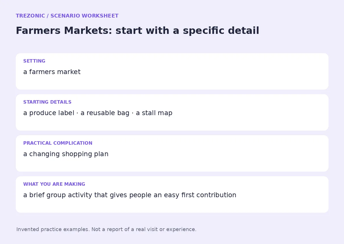 Practice worksheet for Farmers Markets: setting, starting details, complication and goal