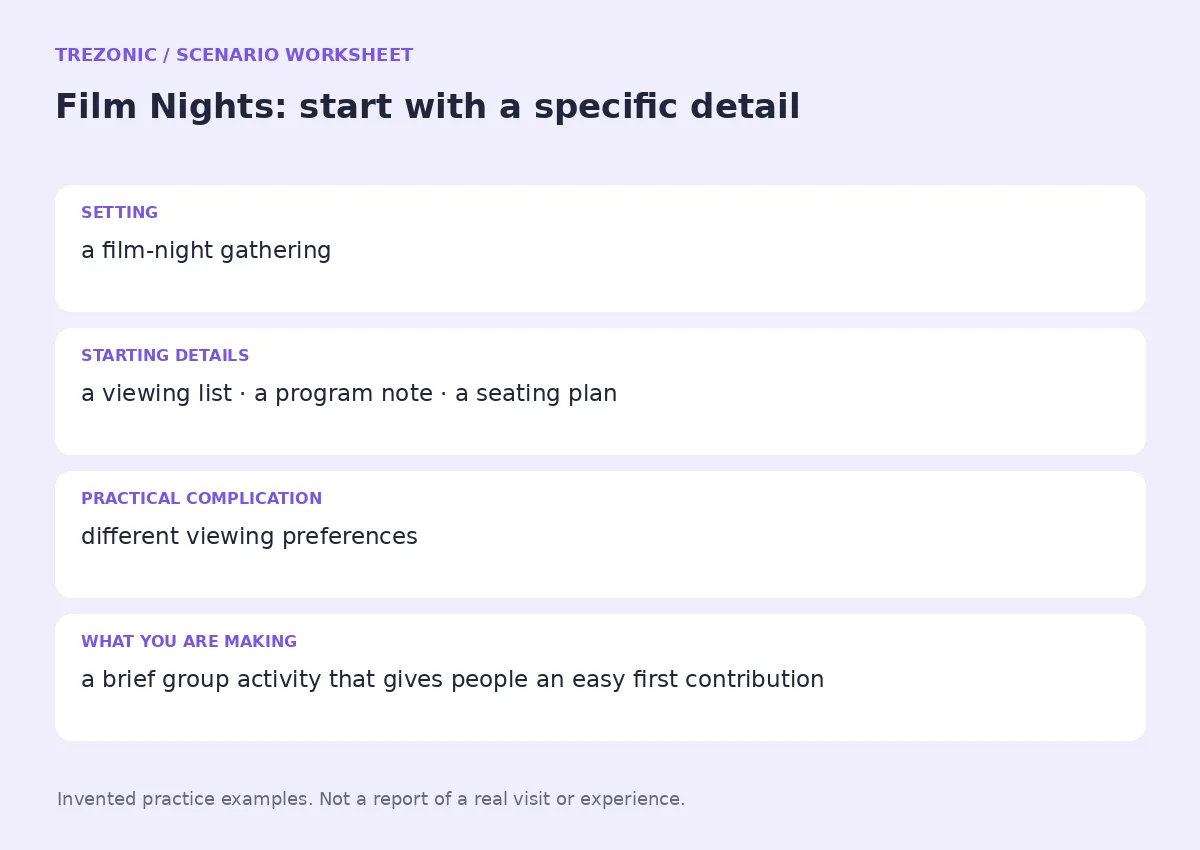 Practice worksheet for Film Nights: setting, starting details, complication and goal