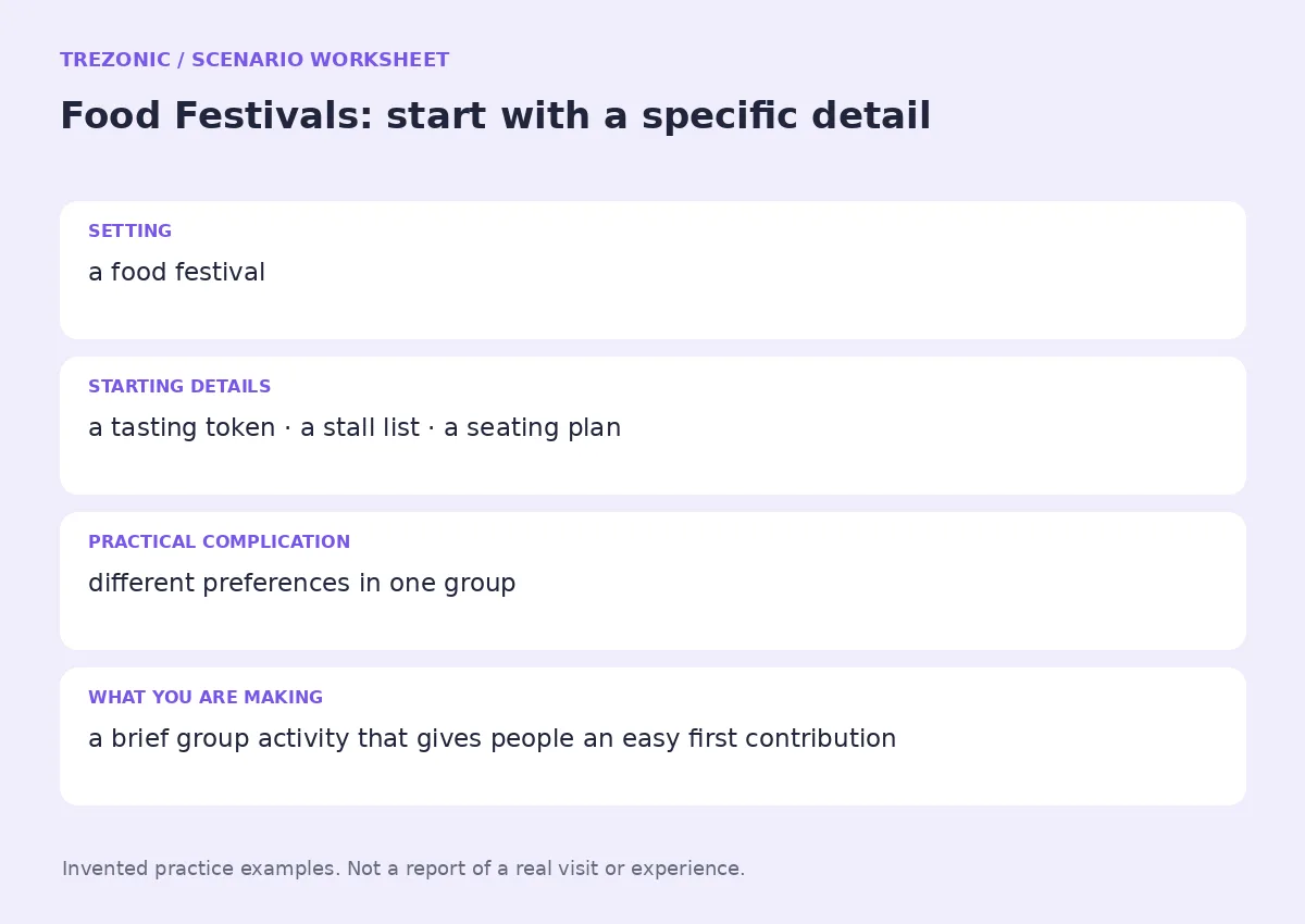 Practice worksheet for Food Festivals: setting, starting details, complication and goal