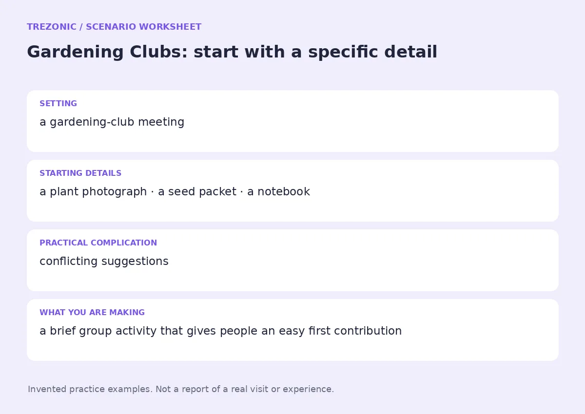 Practice worksheet for Gardening Clubs: setting, starting details, complication and goal