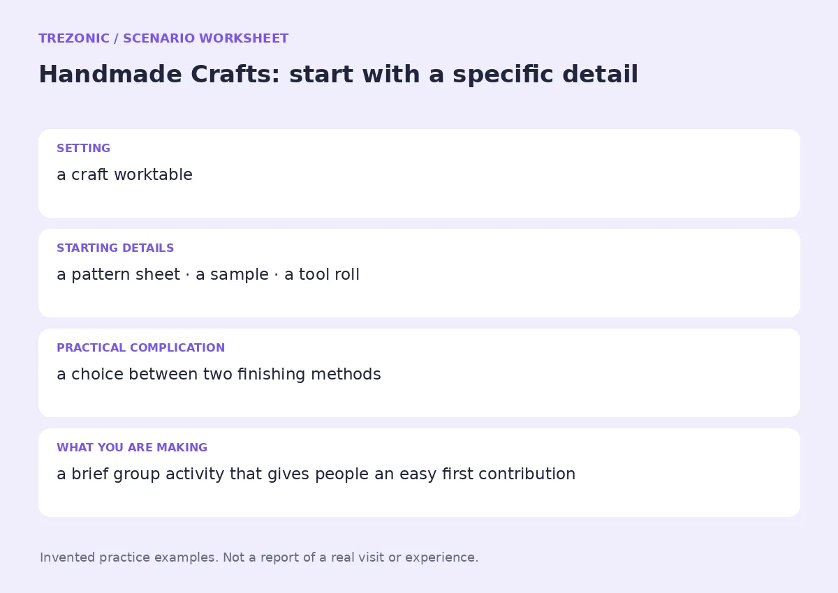 Practice worksheet for Handmade Crafts: setting, starting details, complication and goal