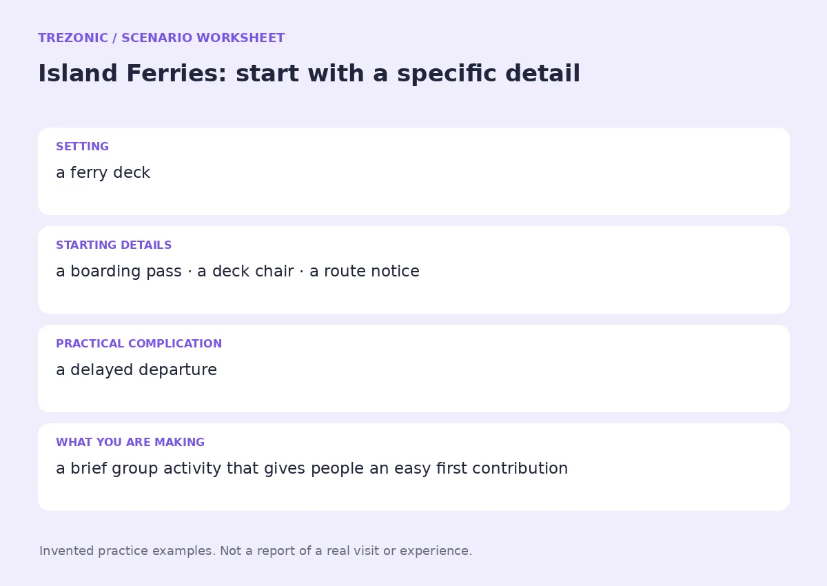 Practice worksheet for Island Ferries: setting, starting details, complication and goal