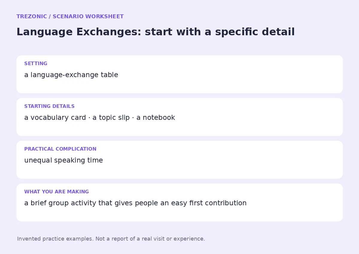 Practice worksheet for Language Exchanges: setting, starting details, complication and goal