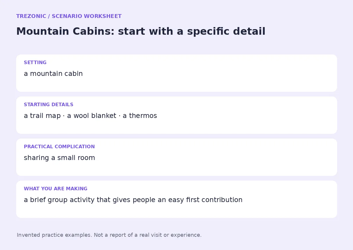 Practice worksheet for Mountain Cabins: setting, starting details, complication and goal