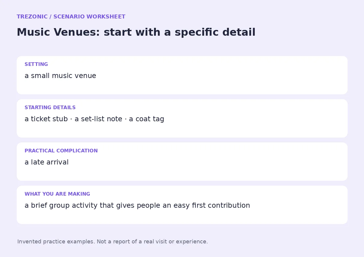 Practice worksheet for Music Venues: setting, starting details, complication and goal