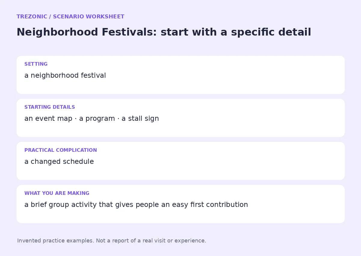 Practice worksheet for Neighborhood Festivals: setting, starting details, complication and goal