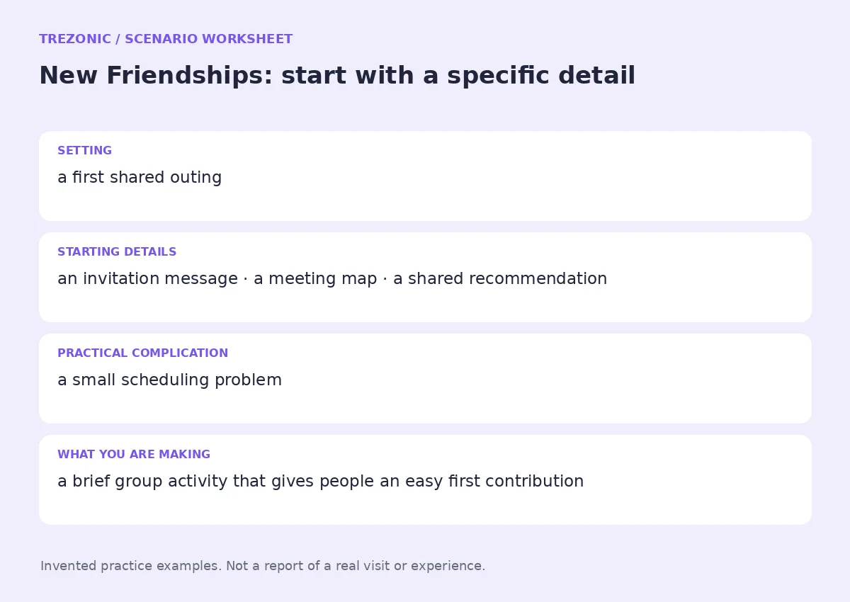 Practice worksheet for New Friendships: setting, starting details, complication and goal