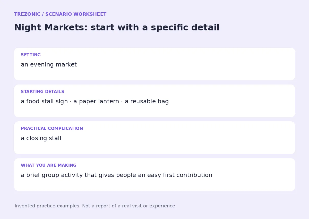 Practice worksheet for Night Markets: setting, starting details, complication and goal