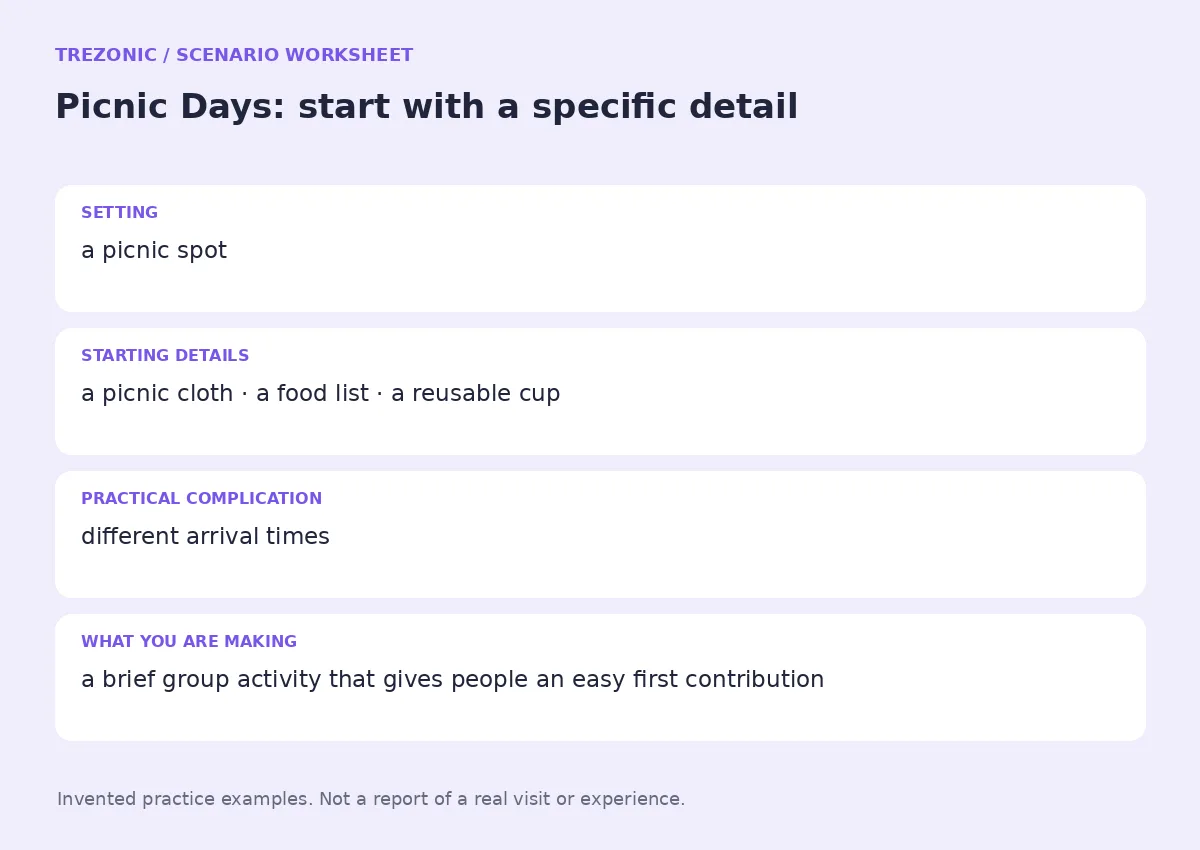 Practice worksheet for Picnic Days: setting, starting details, complication and goal