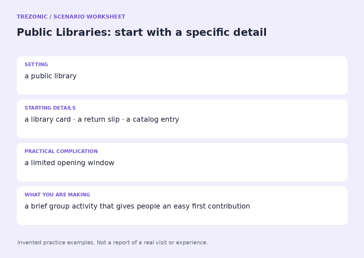 Practice worksheet for Public Libraries: setting, starting details, complication and goal