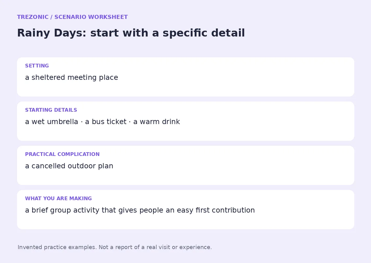 Practice worksheet for Rainy Days: setting, starting details, complication and goal