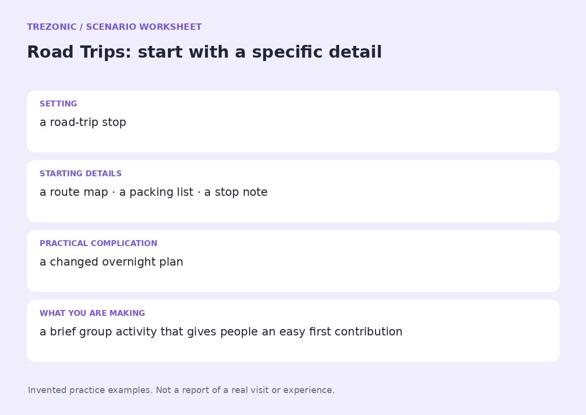 Practice worksheet for Road Trips: setting, starting details, complication and goal