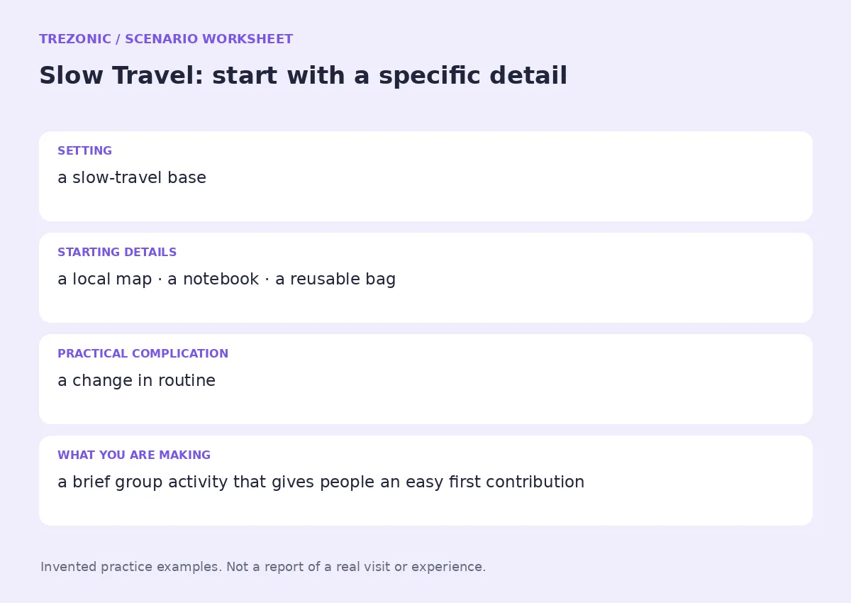 Practice worksheet for Slow Travel: setting, starting details, complication and goal