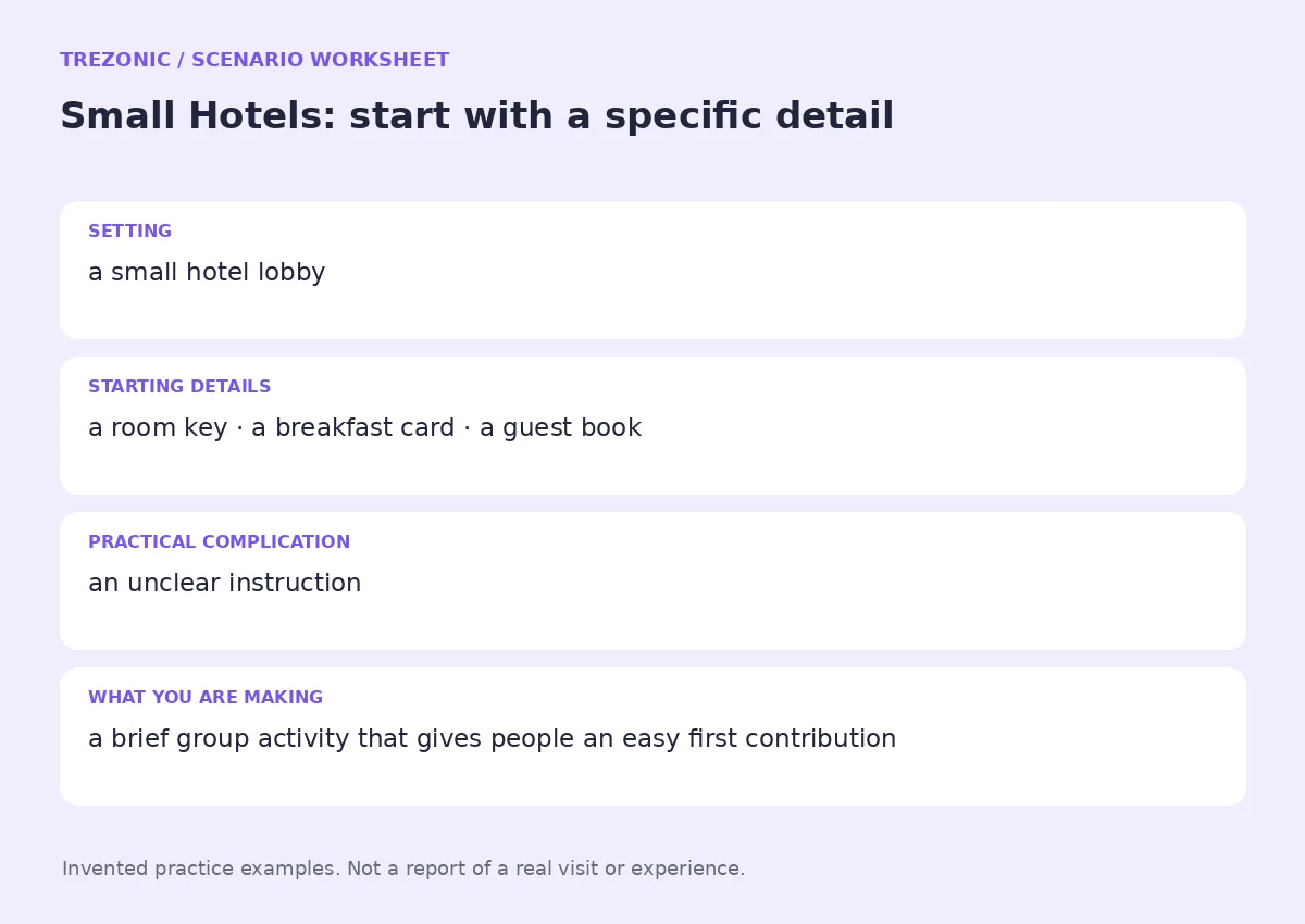 Practice worksheet for Small Hotels: setting, starting details, complication and goal