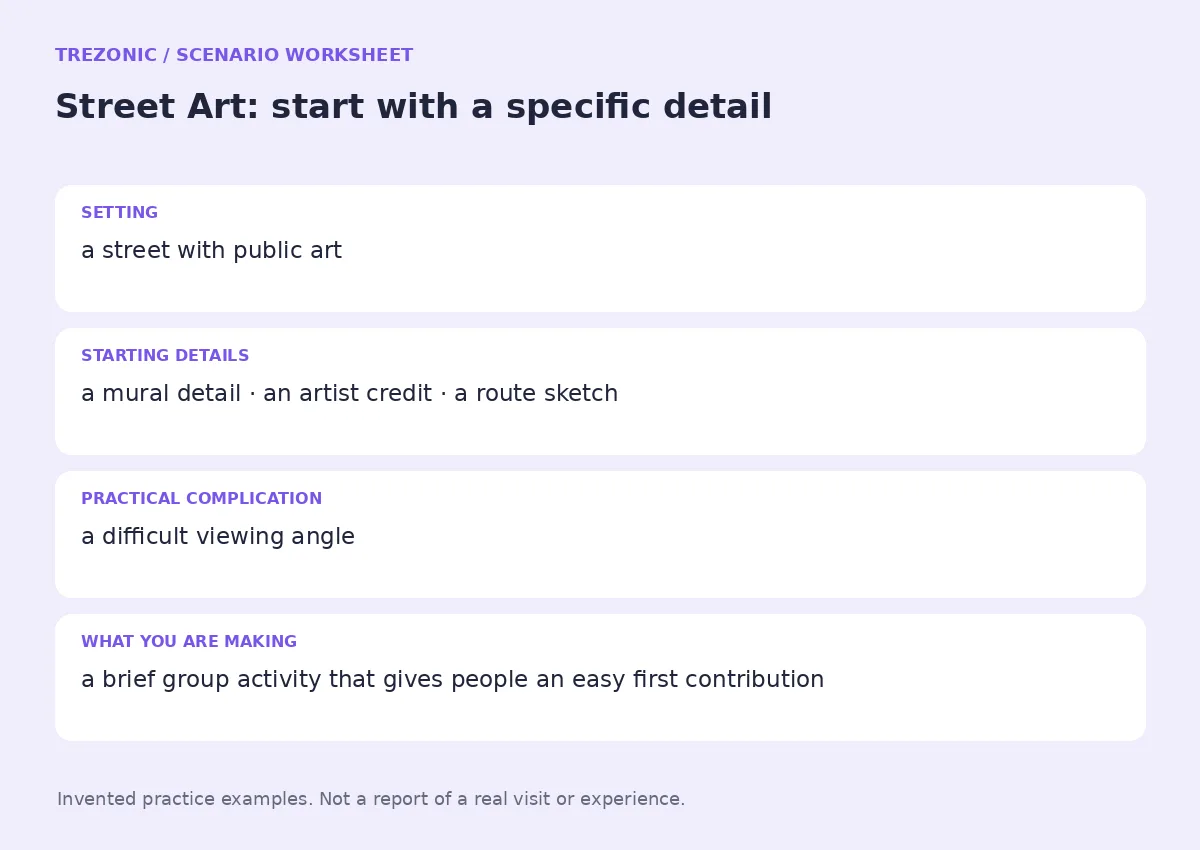 Practice worksheet for Street Art: setting, starting details, complication and goal