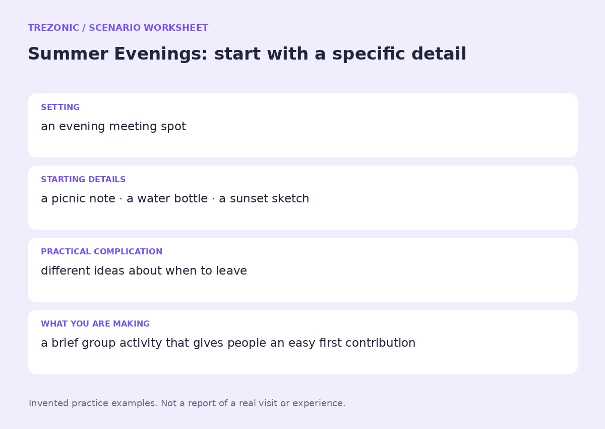 Practice worksheet for Summer Evenings: setting, starting details, complication and goal