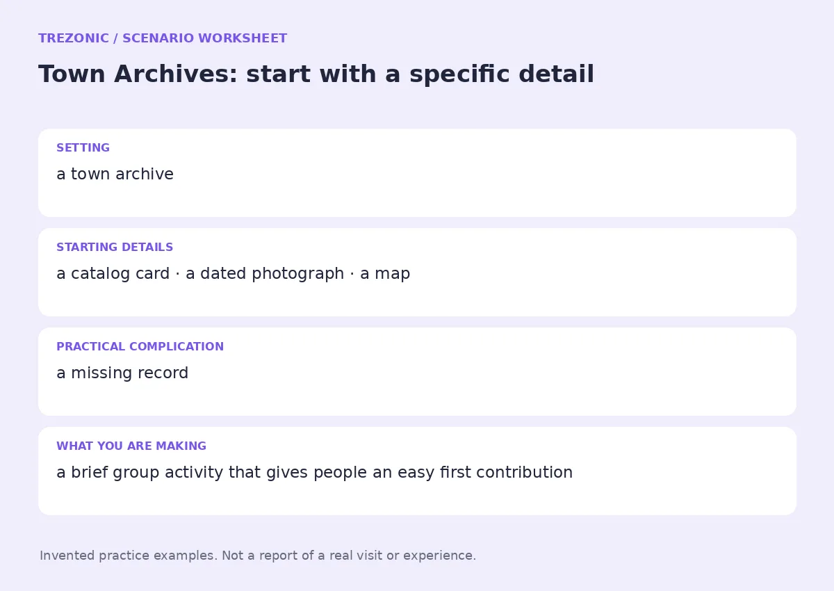 Practice worksheet for Town Archives: setting, starting details, complication and goal