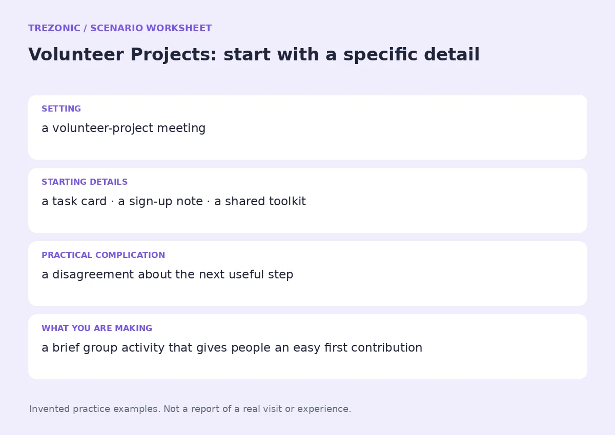 Practice worksheet for Volunteer Projects: setting, starting details, complication and goal