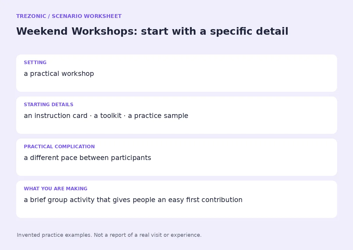 Practice worksheet for Weekend Workshops: setting, starting details, complication and goal