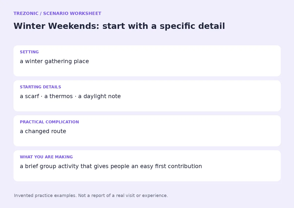 Practice worksheet for Winter Weekends: setting, starting details, complication and goal
