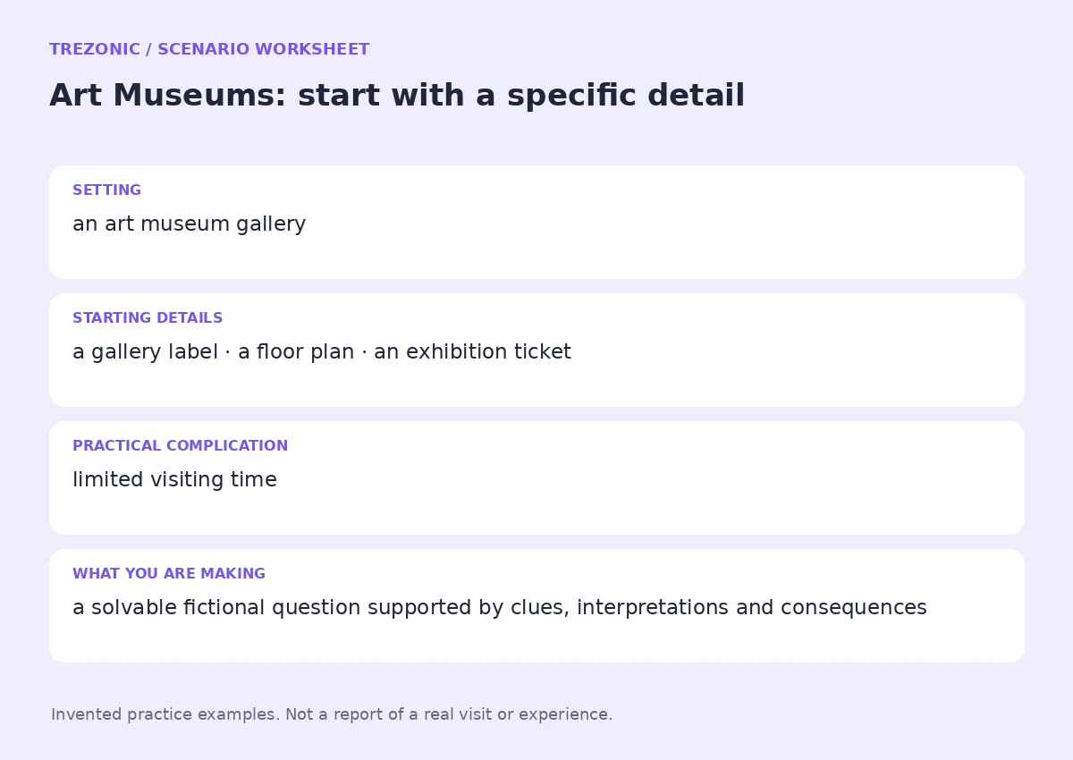 Practice worksheet for Art Museums: setting, starting details, complication and goal
