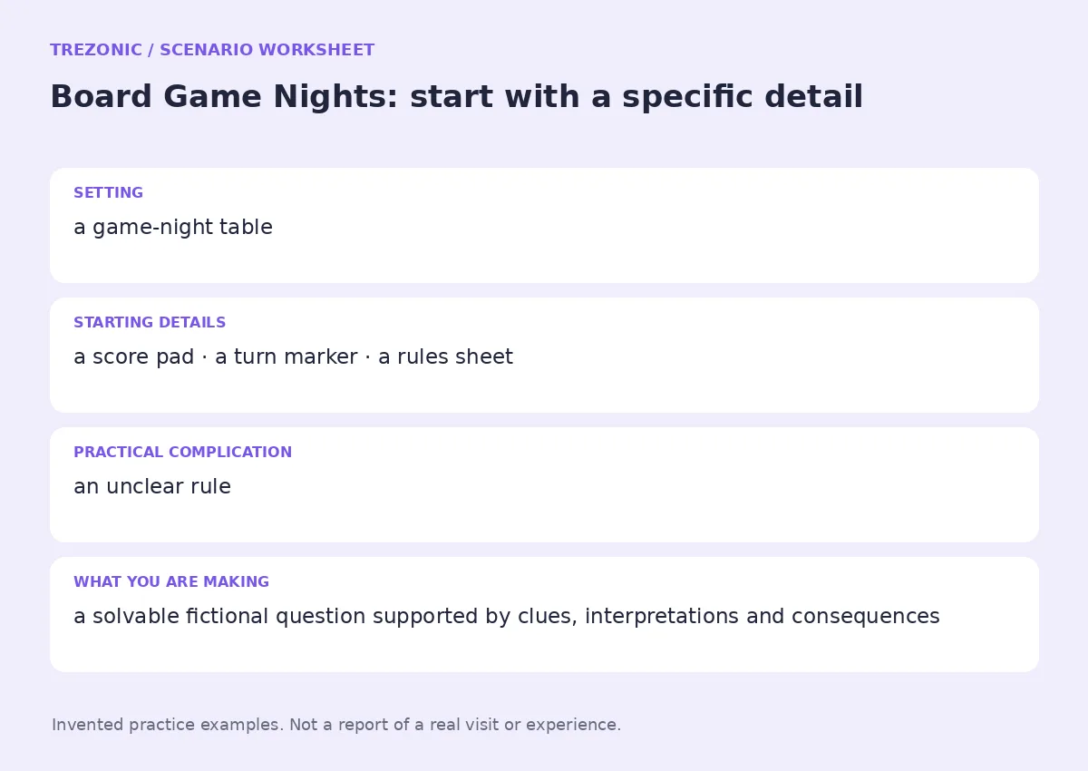 Practice worksheet for Board Game Nights: setting, starting details, complication and goal