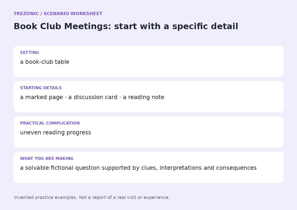 Practice worksheet for Book Club Meetings: setting, starting details, complication and goal