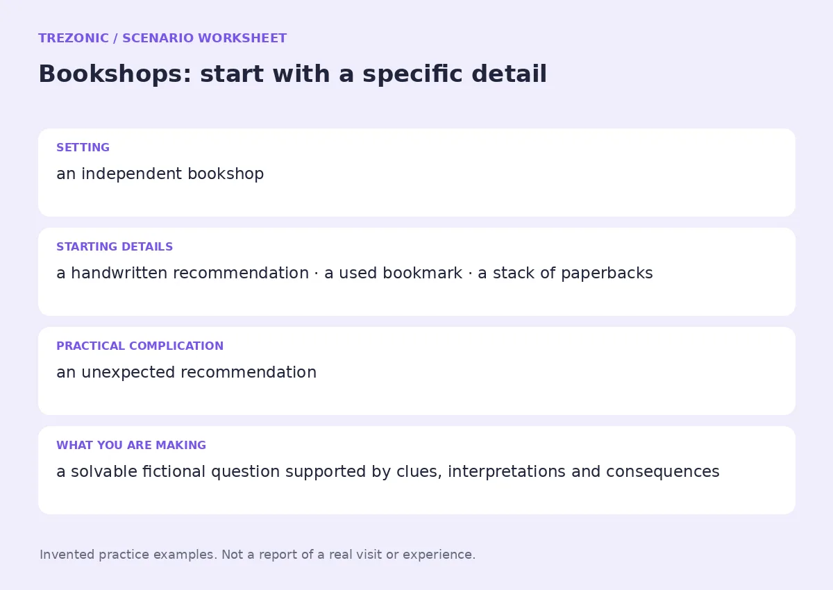Practice worksheet for Bookshops: setting, starting details, complication and goal