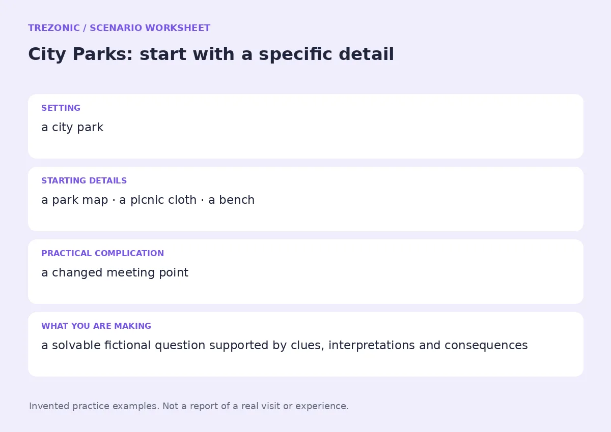 Practice worksheet for City Parks: setting, starting details, complication and goal