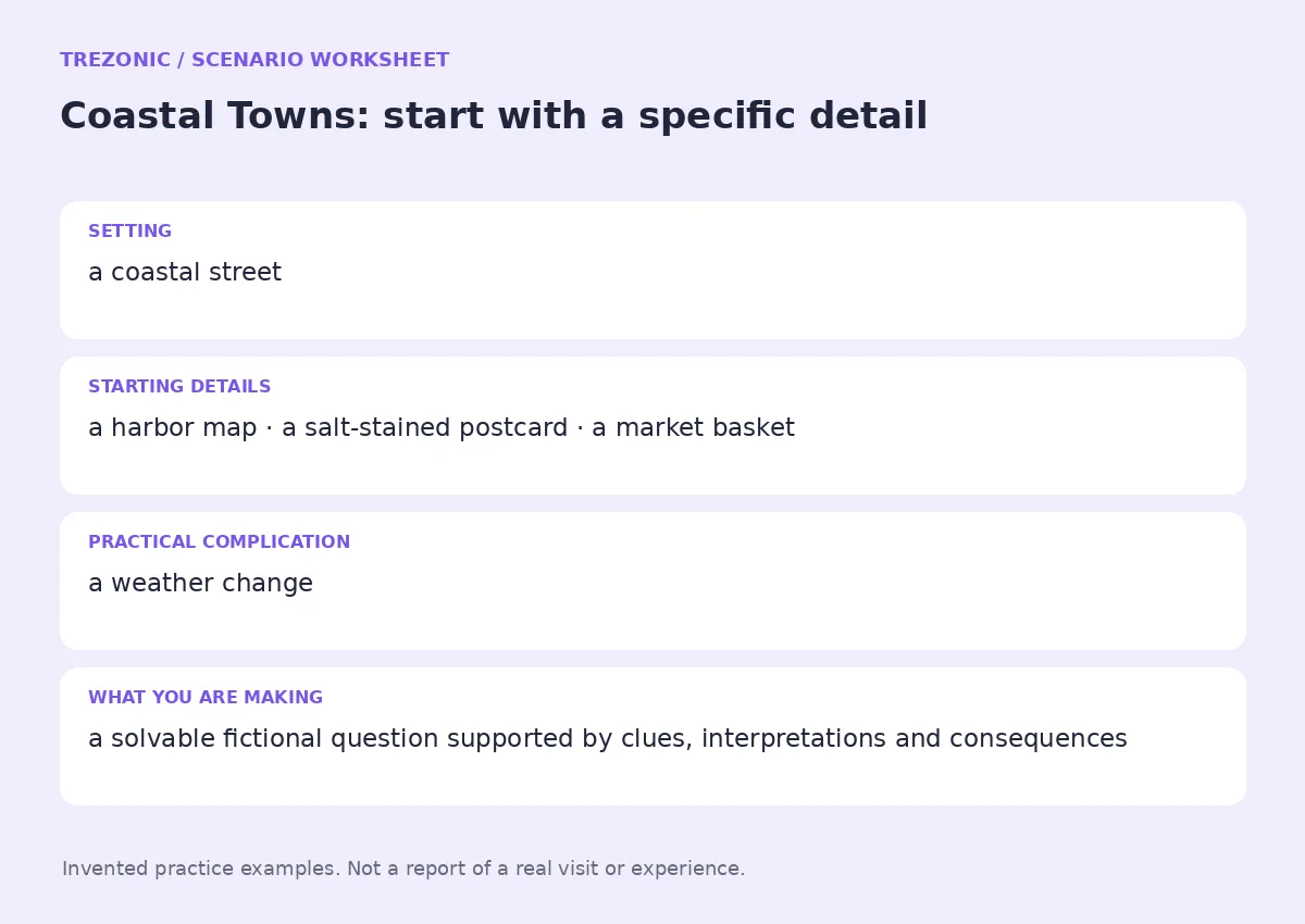 Practice worksheet for Coastal Towns: setting, starting details, complication and goal