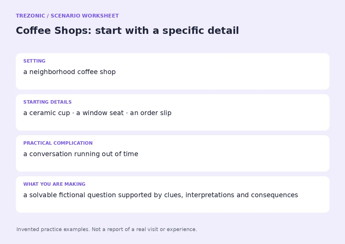 Practice worksheet for Coffee Shops: setting, starting details, complication and goal