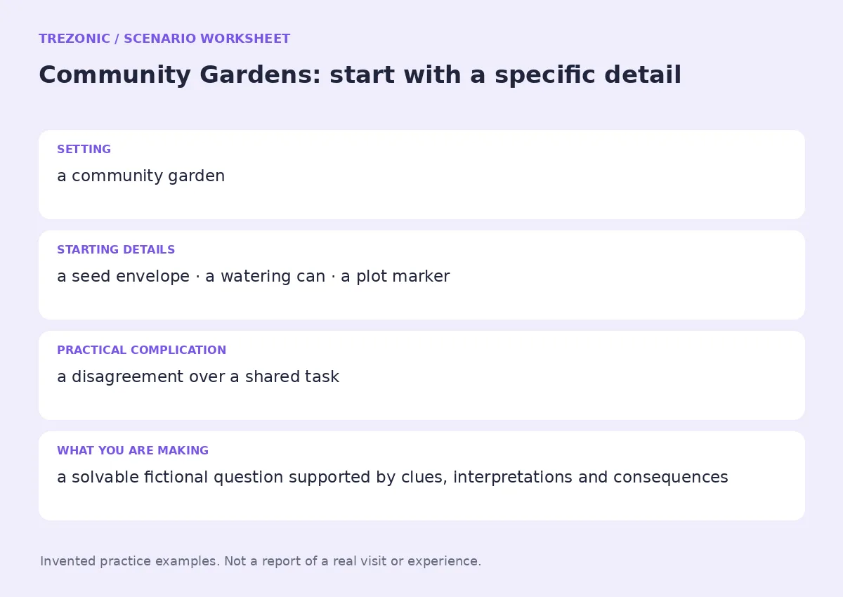 Practice worksheet for Community Gardens: setting, starting details, complication and goal