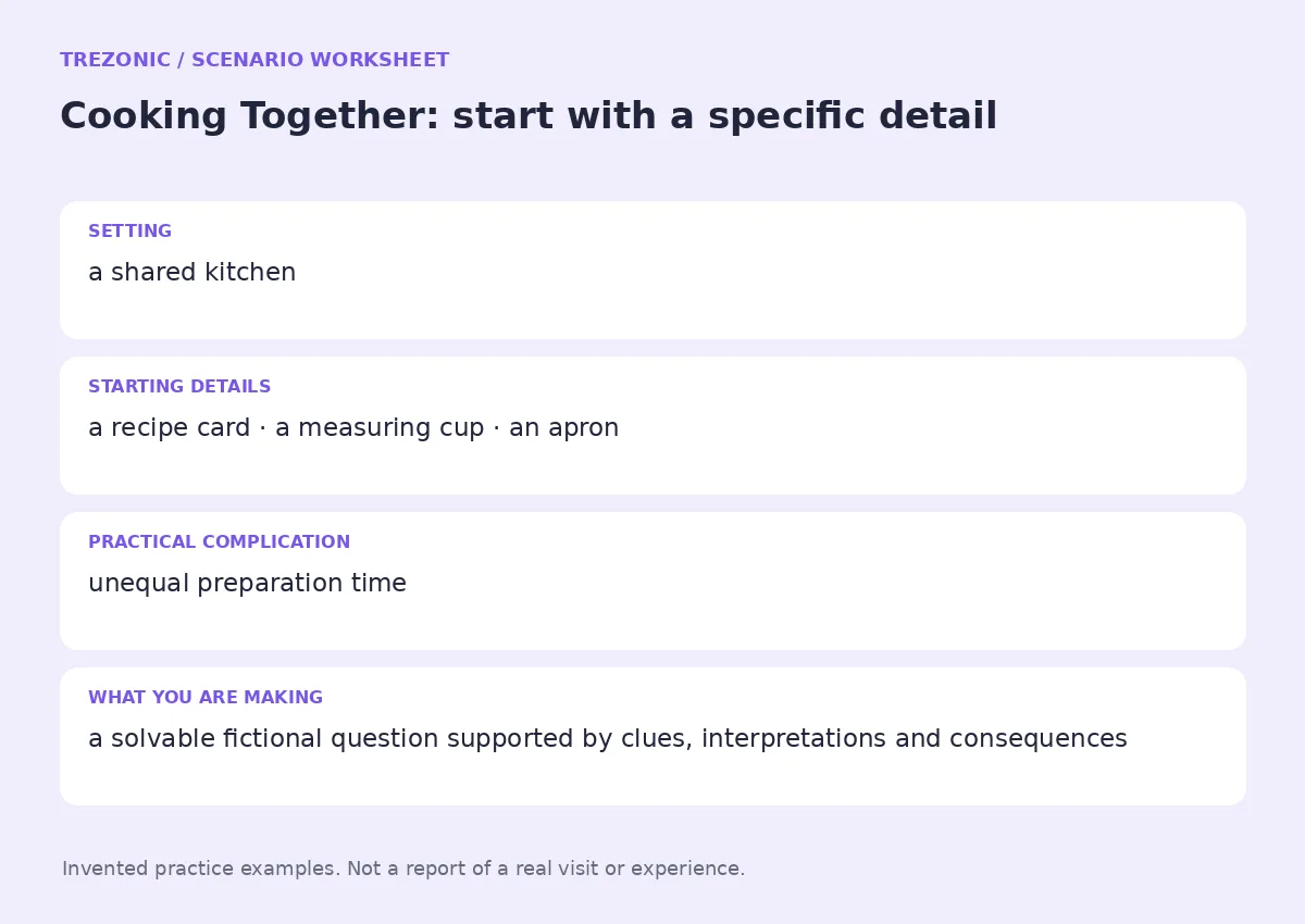 Practice worksheet for Cooking Together: setting, starting details, complication and goal