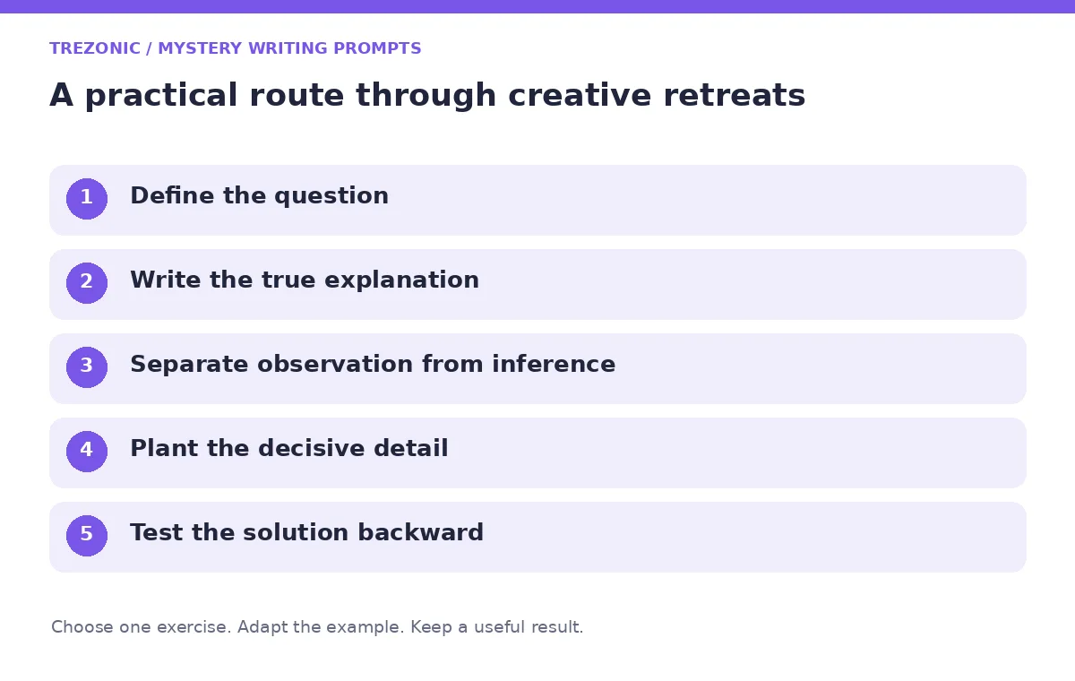Five steps for mystery writing prompts about creative retreats