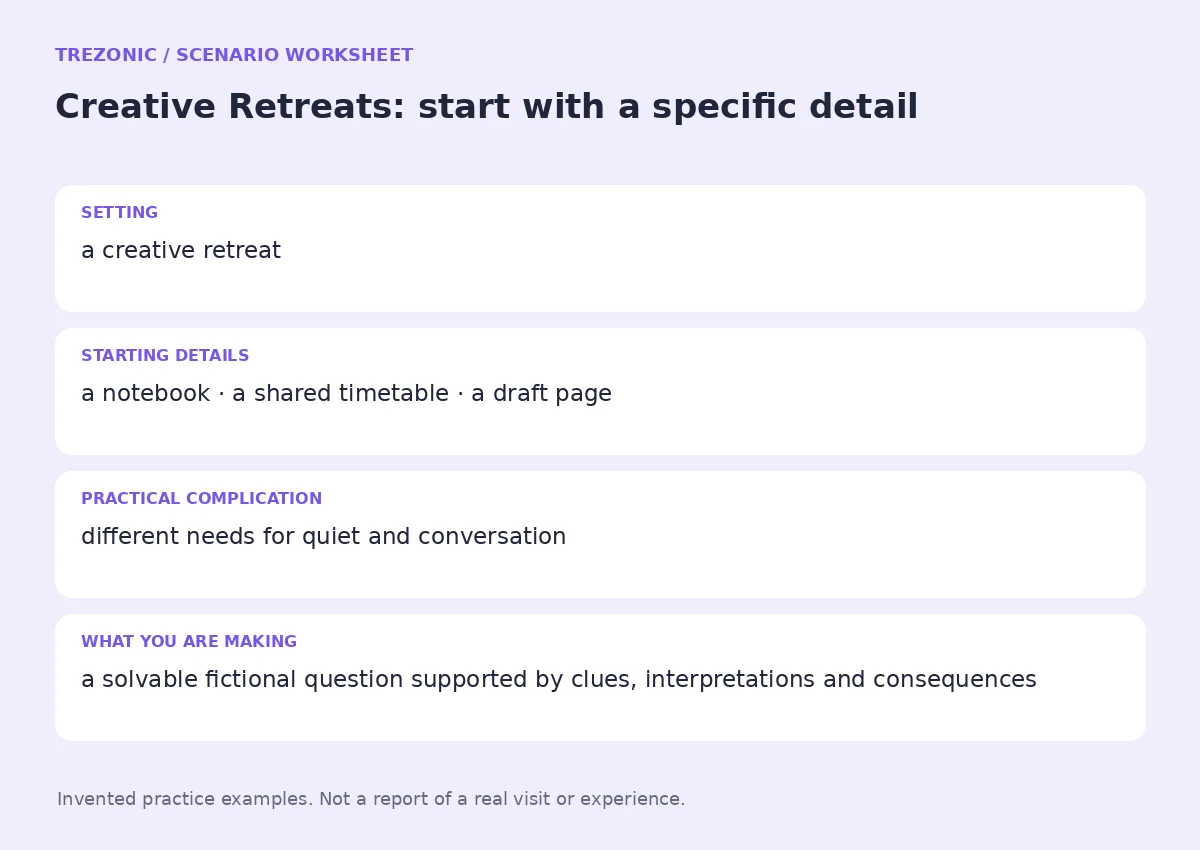 Practice worksheet for Creative Retreats: setting, starting details, complication and goal