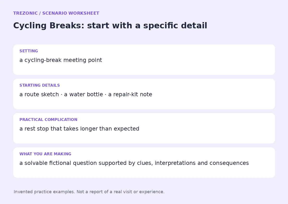 Practice worksheet for Cycling Breaks: setting, starting details, complication and goal